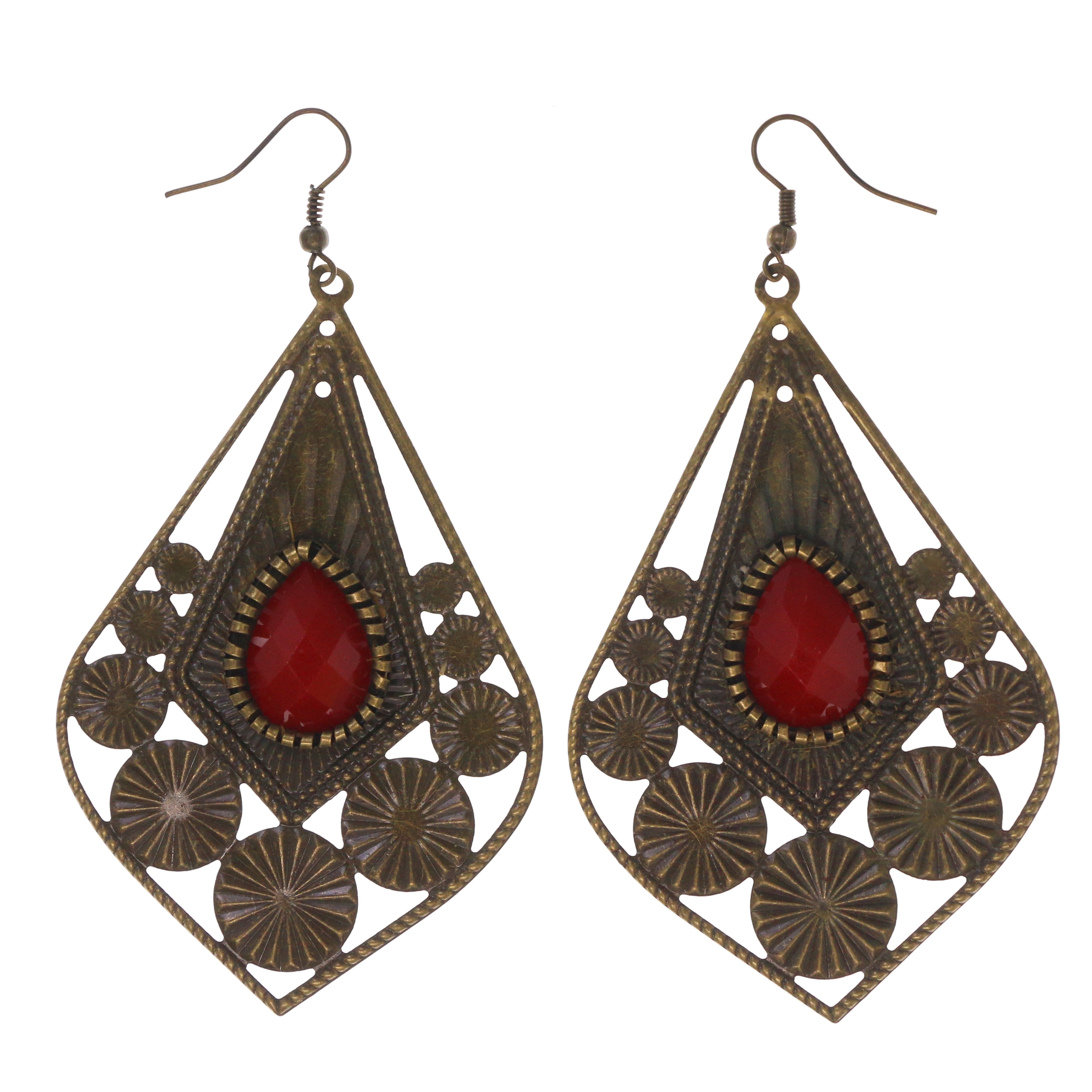 Red Dangle Gold-Tone & Red Colored Metal Dangle-Earrings With Bead Accents # ...
