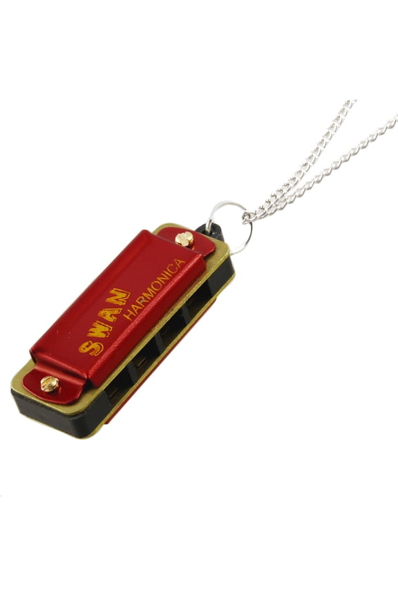 Gold Tone Red Harmonica Pendant Metal Keychain Key Ring w Necklace