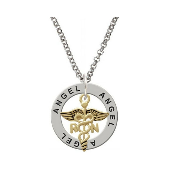Gold Tone Registered Nurse Caduceus Angel Affirmation Ring Necklace