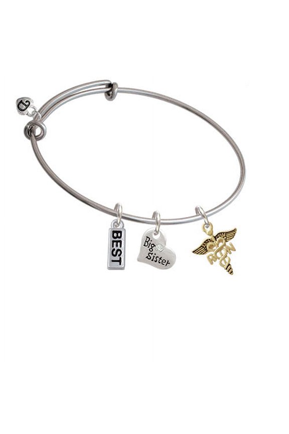 Gold Tone Registered Nurse Caduceus Big Sister Heart Expandable Bangle Bracelet
