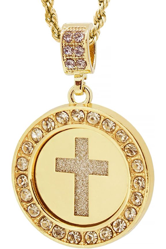 Gold Tone Round Cut Out Block Cross Pave Pendant 24" Rope Chain #2030