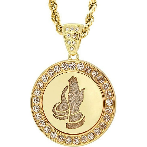 Gold Tone Round Cut Out Praying Hand Pave Pendant with 30" Rope Chain