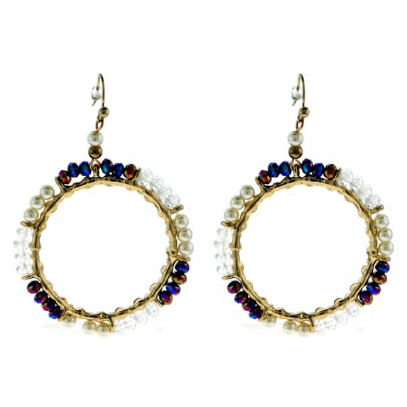 Gold-Tone Round Dangle Earrings With Multi-Color Accent Beads QE02