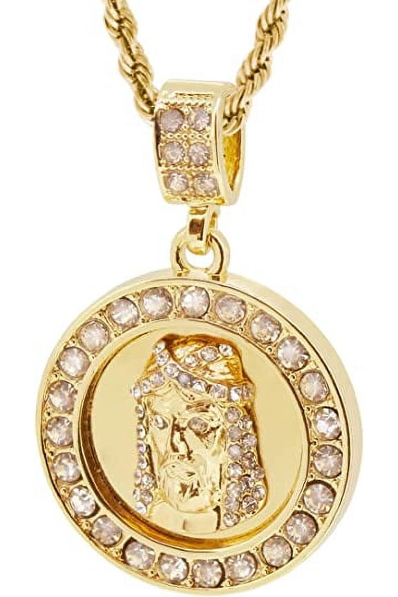 Gold Tone Round Jesus Face Pendant with 24" Rope Chain
