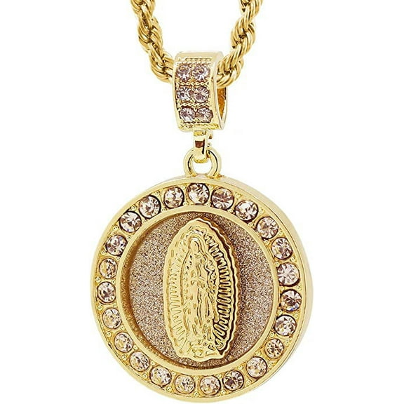 Gold Tone Round Our Lady of Guadalupe Pave Pendant with 24" Rope Chain #3108