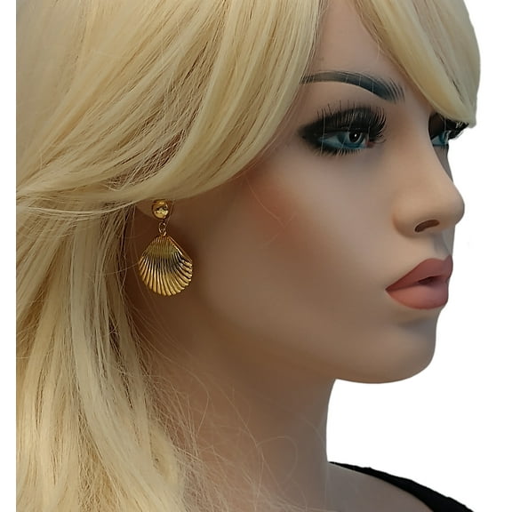 Gold Tone Scallop Shell Charm Pierced Earrings 1 5/8" Medium Ladies Adult Female Women
