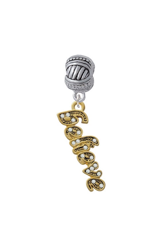 Gold Tone Script ''Believe'' with Clear Crystals - Large Rope with Cross Beads Charm Bead