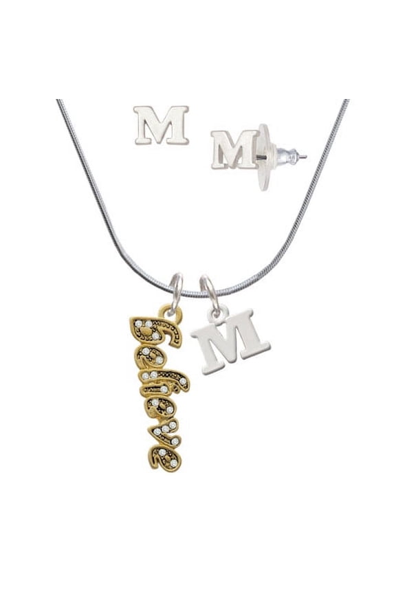 Gold Tone Script ''Believe'' with Clear Crystals - M Initial Charm Necklace and Stud Earrings Jewelry Set