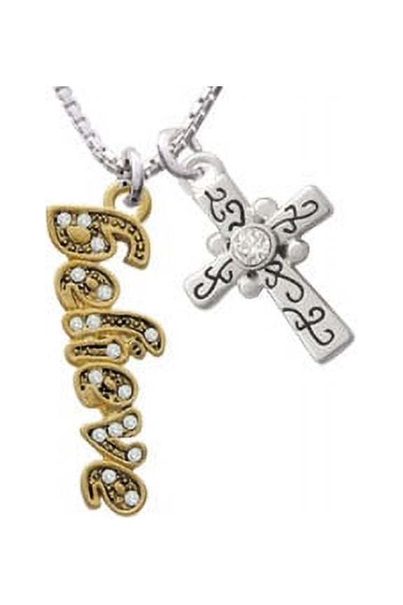Gold Tone Script ''Believe'' with Clear Crystals Scroll Cross Necklace, 18"+2"