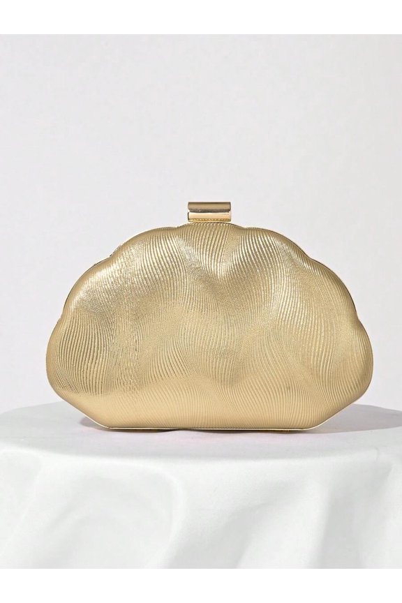 Gold Tone Seashell Clutch Evening Bag With Ribbed Texture And Metal Clasp