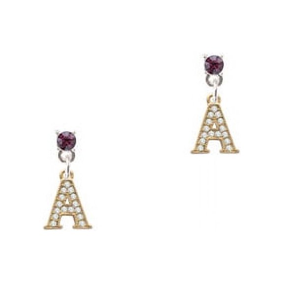 Gold Tone Small Crystal Initial - A - Purple Crystal Post Earrings