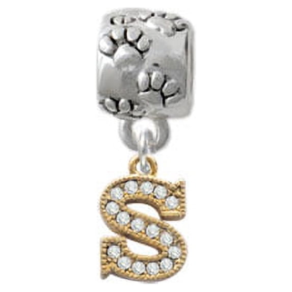 Gold Tone Small Crystal Initial - S - Paw Print Charm Bead