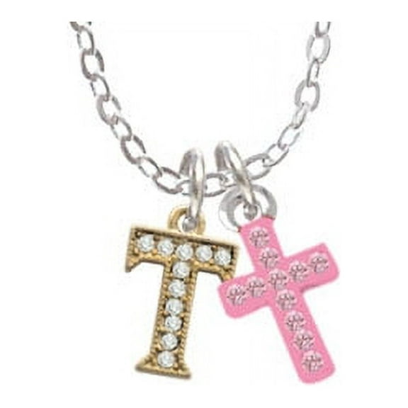 Gold Tone Small Crystal Initial - T - - Light Pink Crystal Cross Sophia Necklace, 18"+1"