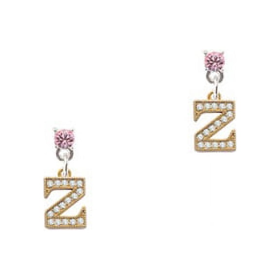Gold Tone Small Crystal Initial - Z - Pink Crystal Post Earrings