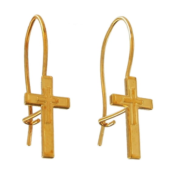 Gold Tone Small Religious Cross Pierced Earrings Christian Beveled 1/2" Ladies Adult Female Women