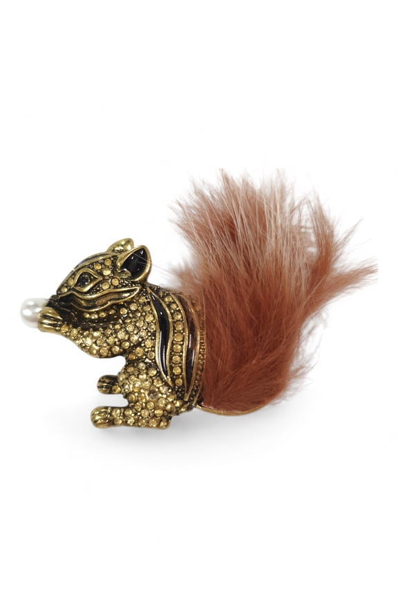 Gold Tone Squirrel Brooch Pin Brown Faux Fur Rhinestone Faux Pearl Acorn 1 5/8"