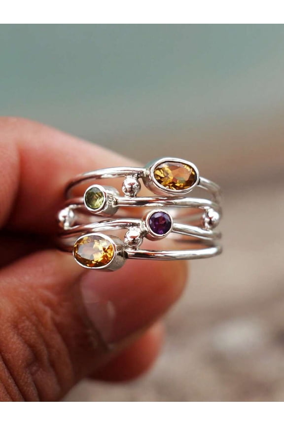 Gold Tone Stackable Ring Set With Multicolor Zirconia Stones, Elegant Daily Wear Jewelry