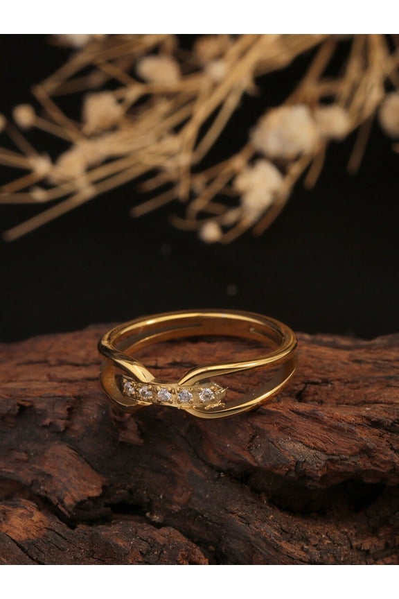 Gold Tone Stainless Steel Double Arrow Water Drop CZ Crystal Criss-Cross Ring, Delicate Minimalist Design For Daily Wear