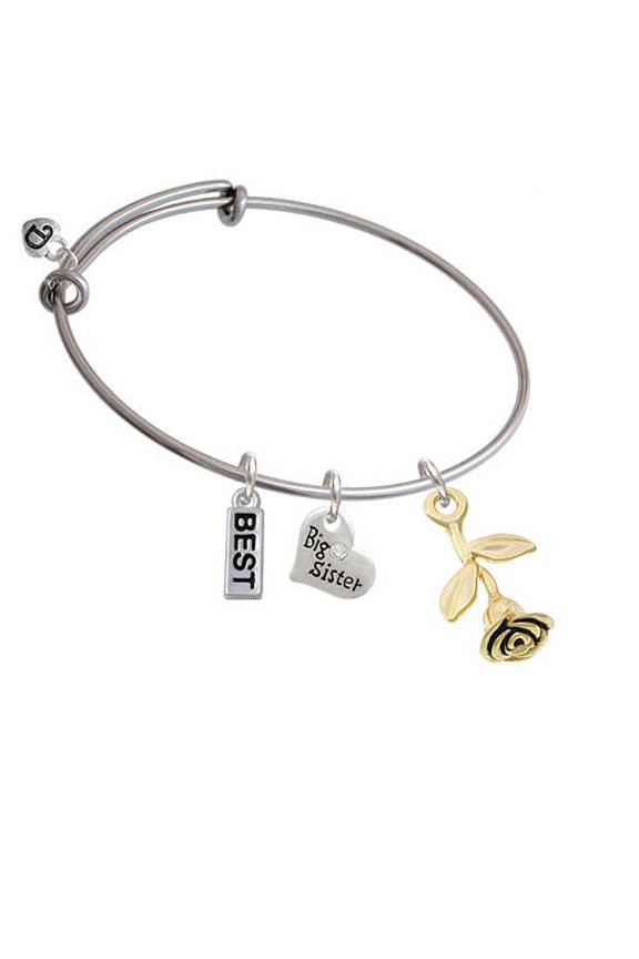 Gold Tone Stemmed Rose Big Sister Heart Expandable Bangle Bracelet