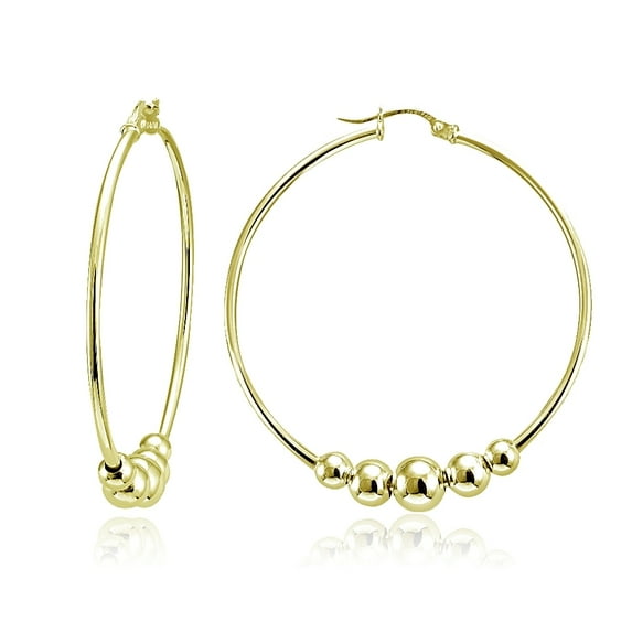 Gold Tone Sterling Silver Beaded Round Hoop Earrings, 42mm
