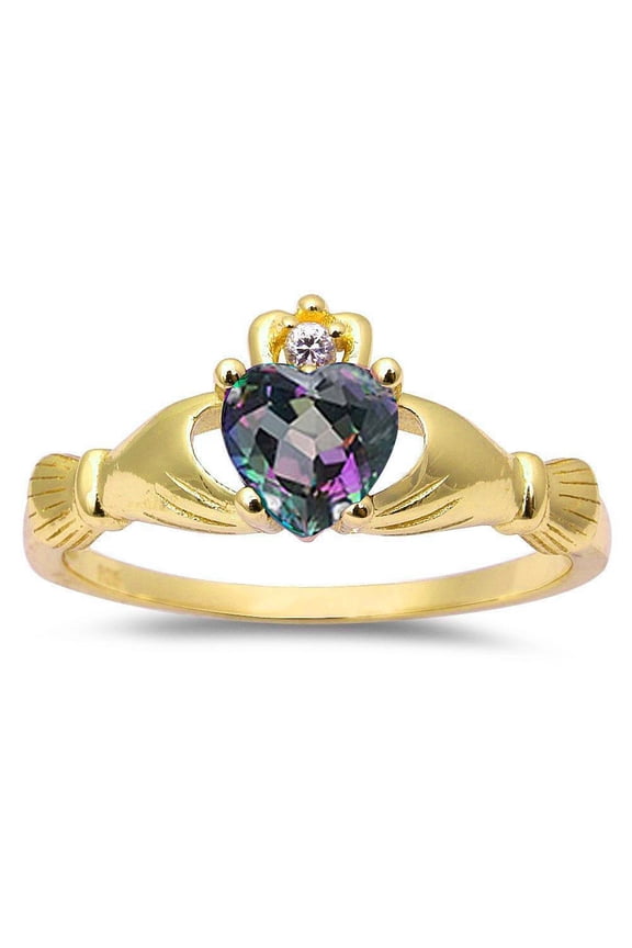 Gold-Tone Sterling Silver Rainbow Synthetic Topaz CZ Claddagh Ring Size 11