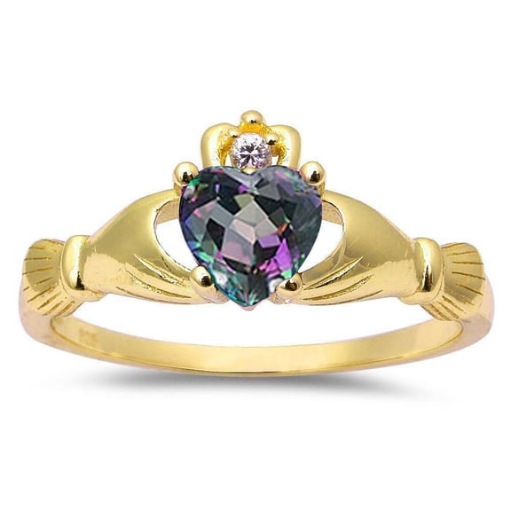 Gold-Tone Sterling Silver Rainbow Synthetic Topaz CZ Claddagh Ring Size 7
