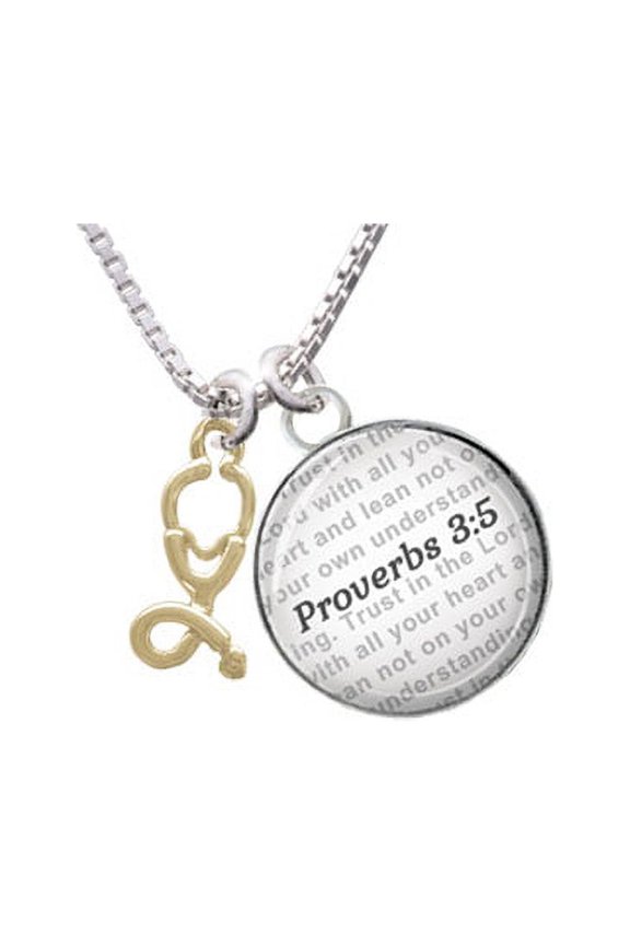Gold Tone Stethoscope - Bible Verse Proverbs 3:5 Glass Dome Necklace