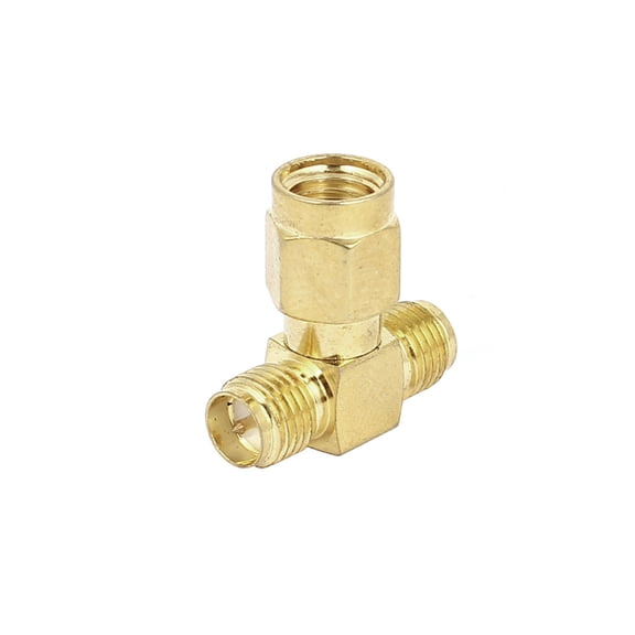 Gold Tone Straight SMA Female to Dual SMA Male Plug RF Coax Tee Connector