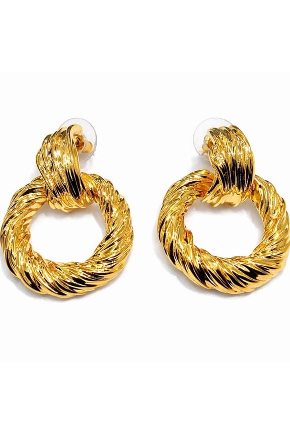 Gold Tone Textured Open Circle Drop Earrings for Women, Twisted Statement Stud Earrings