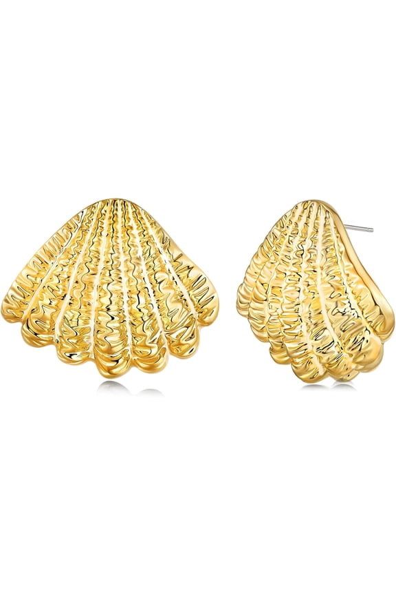 Gold Tone Textured Shell Stud Earrings for Women, Statement Fan Shape Post Back