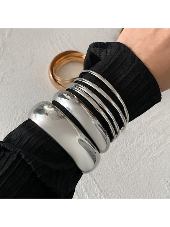 Gold Tone Textured Wide Cuff Bracelet Set for Women - Chunky Hammered Bangle Set Vintage Statement Jewelry Gift