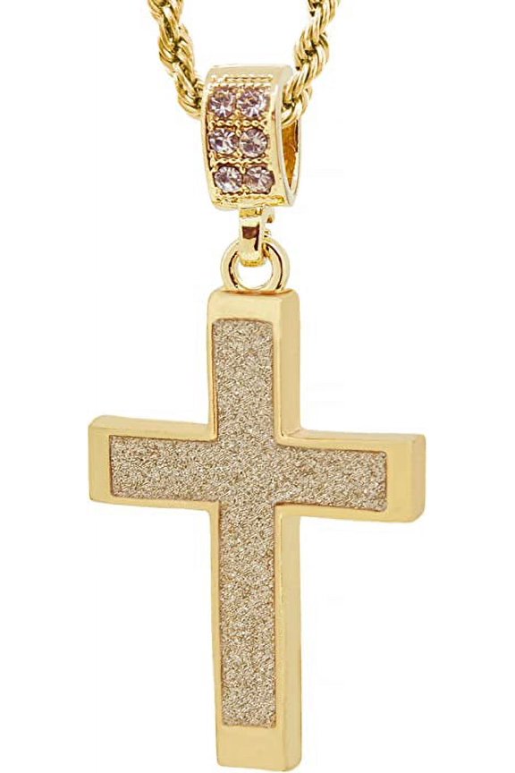Gold Tone The Block Cross Pave Pendant with 24" Rope Chain 2002G