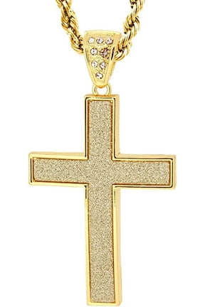 Gold Tone The Block Cross Pave Pendant with 30" Rope Chain