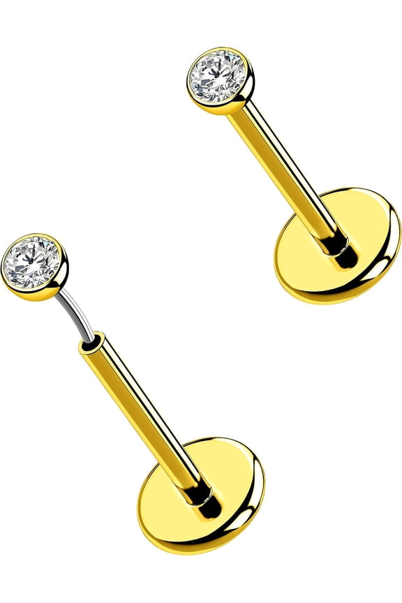 Gold Tone Threadless Push-In CZ Labret Studs, Hypoallergenic Stainless Steel Flat Back Cartilage Ear Piercing Jewelry for Helix Tragus Lobe