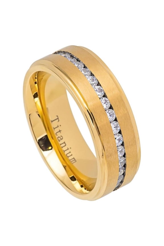 Gold-Tone Titanium Channel Set CZ Brushed Center Eternity Ring Size 11.5
