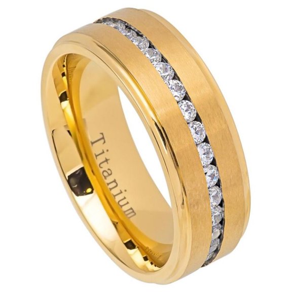 Gold-Tone Titanium Channel Set CZ Brushed Center Eternity Ring Size 8