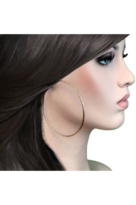 Gold Tone Twist Etch Design Oversized Hoop Earrings 3.25" Ladies Adult Female Women