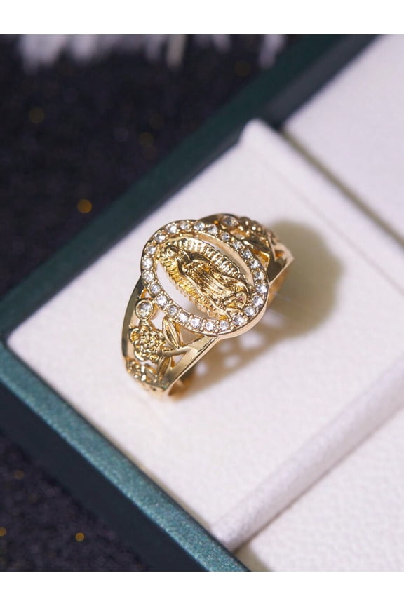 Gold Tone Virgin Mary Cubic Zirconia Inlaid Ring For Women, Daily Wear, Religious Jewelry