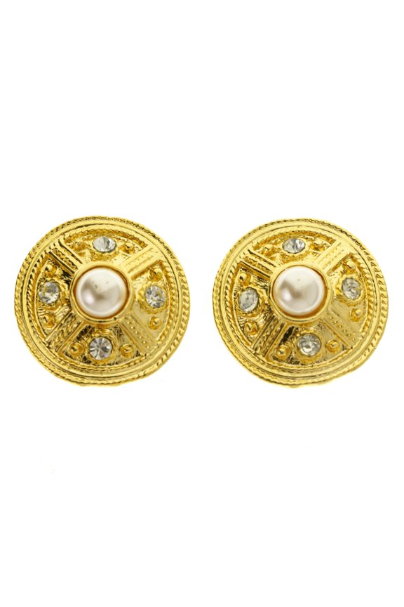 Gold-Tone & White Colored Metal Clip-On-Earrings With Faceted Accents #LQC414