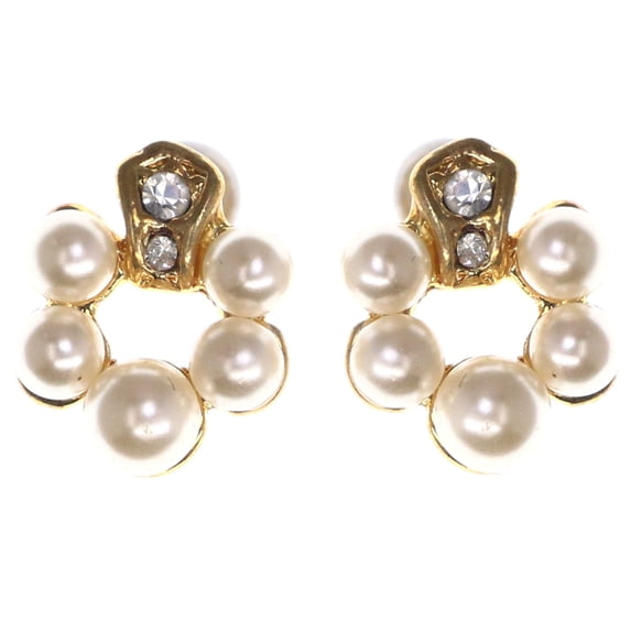 Gold-Tone & White Colored Metal Stud-Earrings With Crystal Accents #LQE3508