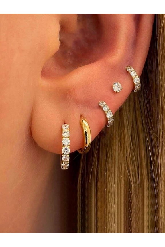 Gold-Tone Zirconia Stackable Hoop & Stud Earrings Set, 5 Pairs for Earlobe Cartilage Helix