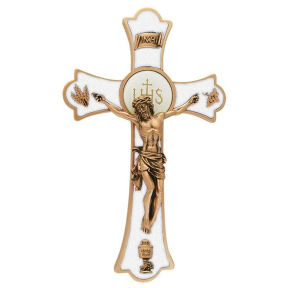 Gold Tone and White Epoxy Non-Devotional Holy Mass Crucifix with Chalice, 8 Inch