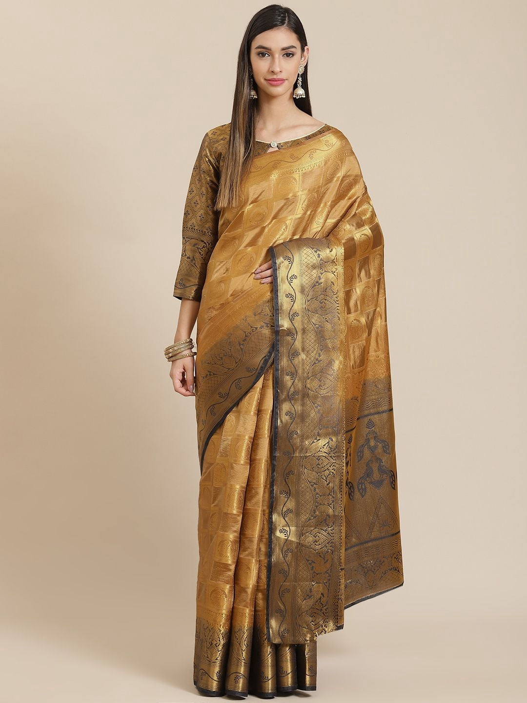 Rani & Gold Dual Toned Silk Woven Banarsi Saree
