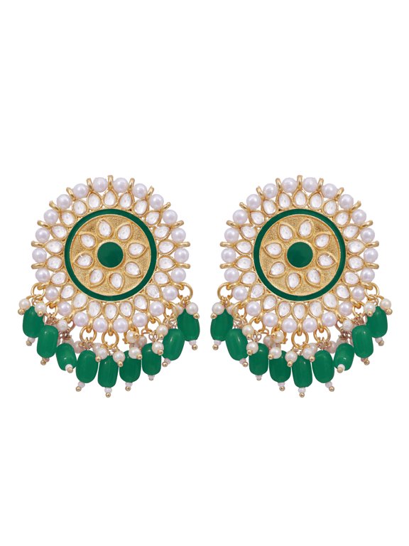 Gold-Toned Kundan and Green Beads Round Shape Earrings