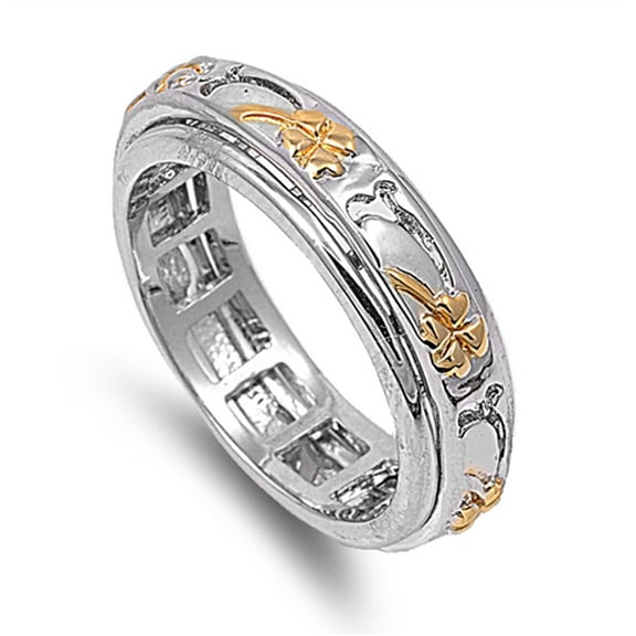 Gold-Tonetone Clover Flower Heart Spinner Ring Sterling Silver Band 925 Jewelry Female Male Size 9