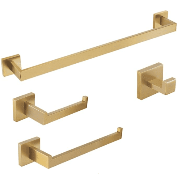 Gold Towel Bar, Bathroom Set 4 Pieces, Bath Towel Holder Set SUS304 Stainless Steel, Towel Bar Rack Set for Wall Mounted, Square Bathroom Accessories Set Fixture Heavy Duty, Brushed Brass
