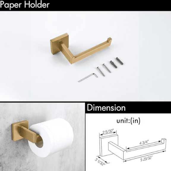 Gold Towel Bar, Bathroom Set 4 Pieces, Bath Towel Holder Set SUS304 Stainless Steel, Towel Bar Rack Set for Wall Mounted, Square Bathroom Accessories Set Fixture Heavy Duty, Brushed Brass