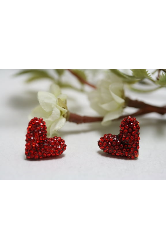 Gold Treasures Crystal Heart Stud Earrings, Rhinestone Red Heart Earrings, Valentine's Day Heart Earrings Jewelry Gift