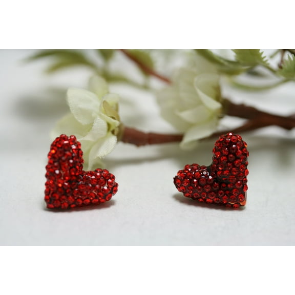 Gold Treasures Crystal Heart Stud Earrings, Rhinestone Red Heart Earrings, Valentine's Day Heart Earrings Jewelry Gift