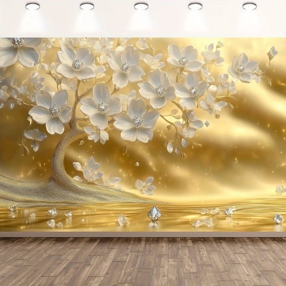 Gold Tree of Life Backdrop White Floral Gold Leaves Photography Background Fairy Tales Magical Tree Diamond Family Gathering Party Decorations Banner Supplies Photo Booth Props